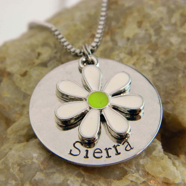 Kids Name Necklace with White Daisy Enameled Charm